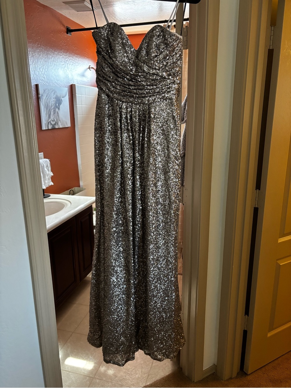 SORELLA VITA Silver Sequin Strapless Gown